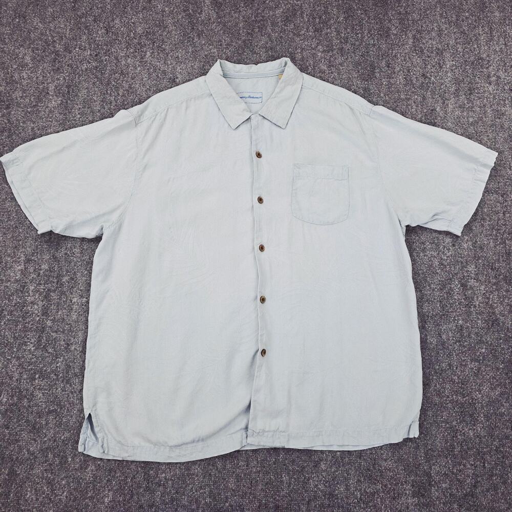 Tommy Bahama Shirt Men XL Light Blue Silk Palm Jacquard Button Camp Casual Coast
